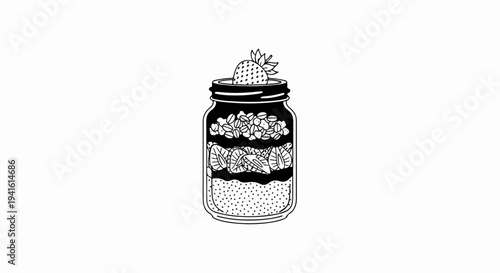 A black and white illustration of a layered breakfast parfait in a glass jar