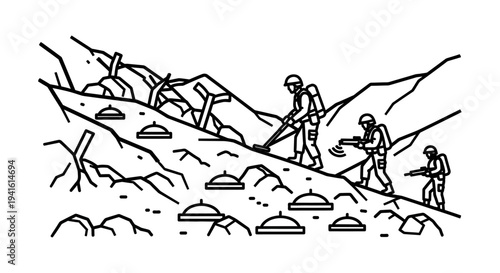 Soldiers Detecting Landmines with Metal Detectors on a Rocky Slope