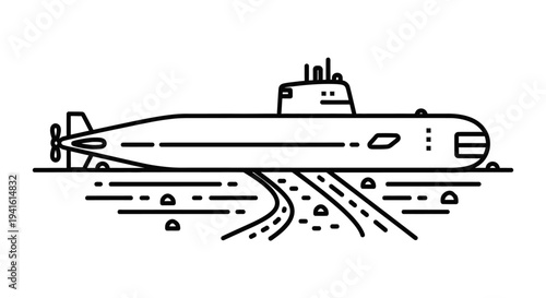 Submarine on Rails, Underwater Transport Concept, Line Art Illustration