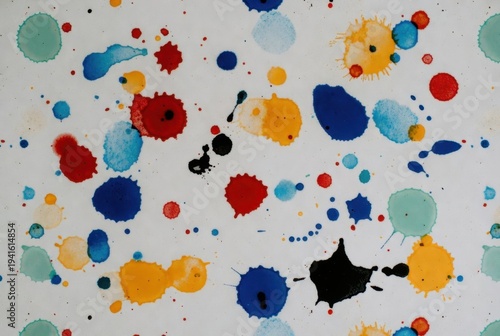 Scattered colorful paint drops and splashes of various sizes on white surface background.
