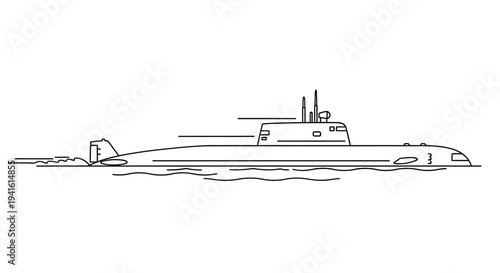 Submarine sailing on the water, side view, line drawing, vector illustration