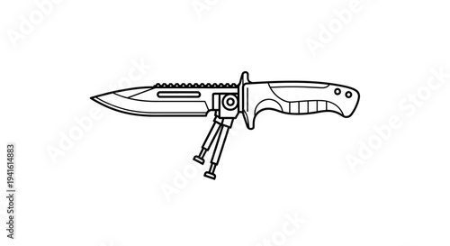 Tactical Combat Knife with Bipod - Line Art Illustration