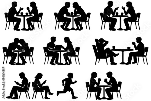 Romantic Couple Silhouettes Sitting at Coffee Shop Table Conversation Scene