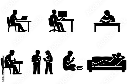 Remote Work Silhouette Set with People Using Laptop at Home