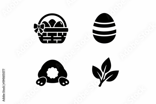 Easter basket with eggs, decorated egg, bunny tail, and leaves icons