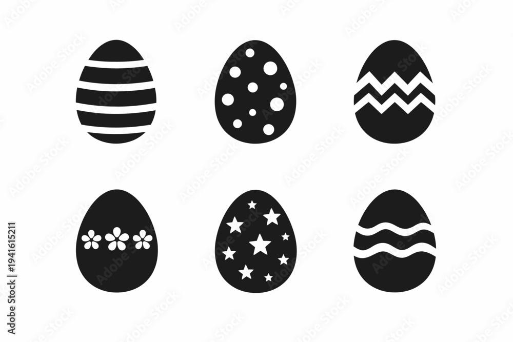 Fototapeta premium Set of six black easter egg silhouettes with patterned designs