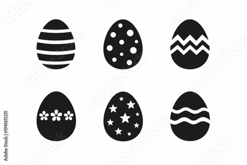 Set of six black easter egg silhouettes with patterned designs