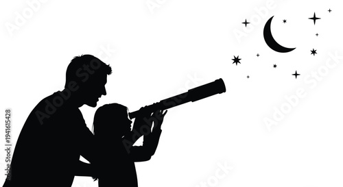 Father and child watching stars telescope