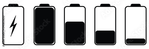 Battery level indicators line icon set. Power and Charging Status Symbols. Battery charge level indicators showing full to empty states. Vector illustration eps 10 .