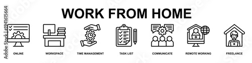 Work From Home Banner Web Icon Vector Illustration Concept for Business with Icons of Online, Workspace, Time Management, Task List, Communicate, Remote Working and Freelance