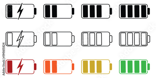 Battery icon set in black and colours. Colourful style vector icons. Battery charge indicator. Battery level, energy, full. Power low up status batteries logo. vector icons eos 10.