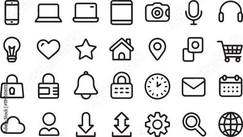 Minimal black outline icon set including smartphone, laptop, desktop computer, tablet, camera, video camera, microphone, headphones, light bulb idea, heart love, star rating, location pin, home house,