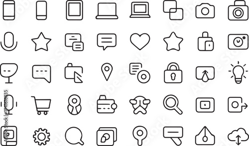 Minimal black outline icon set including smartphone, laptop, desktop computer, tablet, camera, video camera, microphone, headphones, light bulb idea, heart love, star rating, location pin, home house,
