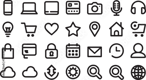 Minimal black outline icon set including smartphone, laptop, desktop computer, tablet, camera, video camera, microphone, headphones, light bulb idea, heart love, star rating, location pin, home house,