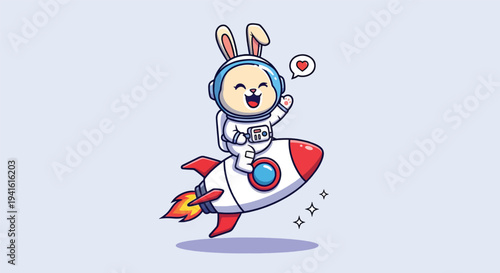 Cute astronaut bunny riding a rocket into space.