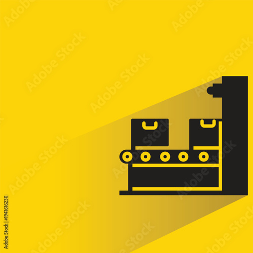 box on conveyor belt icon with shadow on yellow background