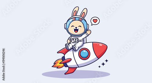 Cute astronaut bunny riding a rocket to space.