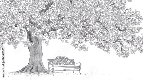 Tree Illustration with an Intricate Foliage and a Decorative Bench in a Tranquil Park Scene
