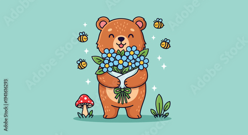 Cute bear holding flowers with bees and mushrooms.