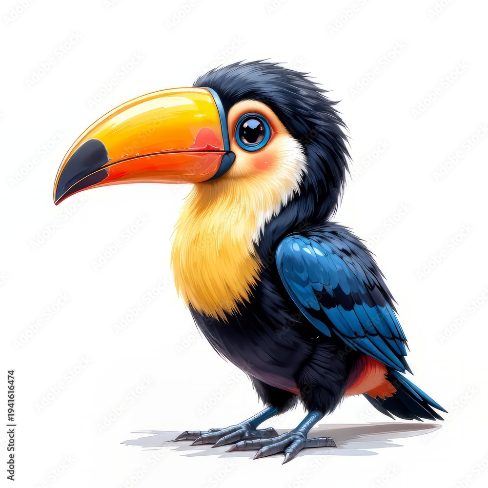 Fototapeta premium Sweet Baby Toucan Clipart: Pastel Brushstrokes, Rosy Cheeks, Large Beak, Tiny Feet, Isolated on White, Spring Design Element