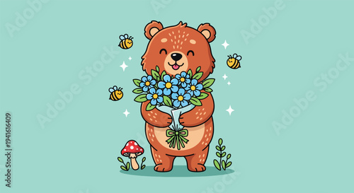 Cute cartoon bear holding a bouquet of blue flowers with bees flying around.