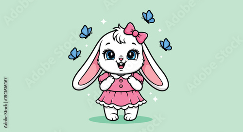 Cute Cartoon Bunny Girl with Pink Dress and Butterflies Vector Illustration.