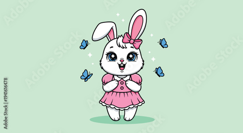 Cute Cartoon Bunny Girl with Pink Dress and Butterflies.
