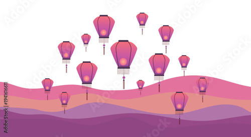 Unique Traditional Chinese lanterns floating over abstract purple wavy landscape, vector background with pink gradient paper lamps for Lunar New Year and Asian festival celebration