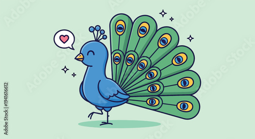 Cute Cartoon Peacock with Heart Bubble and Sparkling Feathers.