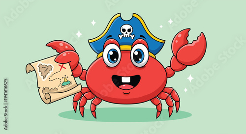 Cute Cartoon Pirate Crab Holding Treasure Map.