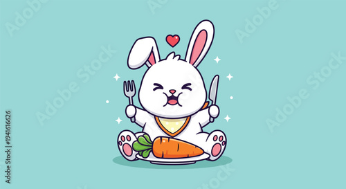 Cute Cartoon Rabbit Ready to Eat a Carrot with Fork and Knife.