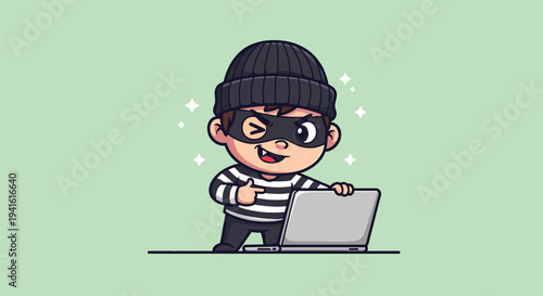 Cute Cartoon Thief with Laptop Illustration.