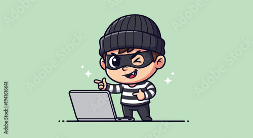 Cute Cartoon Thief Hacker with Laptop.
