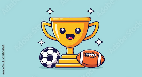 Cute Cartoon Trophy with Soccer Ball and American Football Vector Illustration.