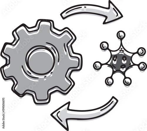 Hand-Drawn Doodle Illustration of Gear and Virus Cycle Representing Biological Engineering, Industrial Processing, or Medical Technology Concepts on White Background.