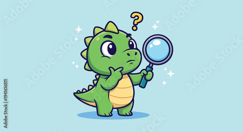 Cute Dinosaur Character with Magnifying Glass and Question Mark.