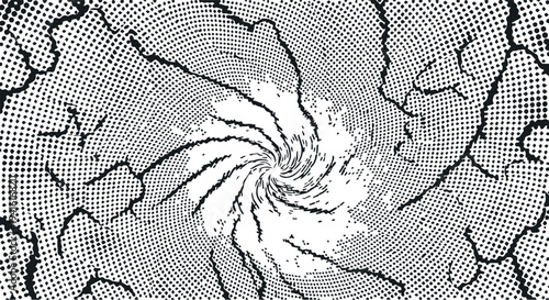 Black and white halftone swirl with cracked texture border