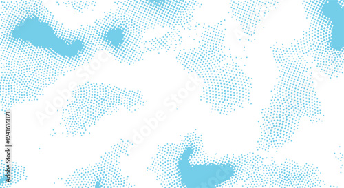 Blue abstract halftone camouflage pattern with scattered dots on white background