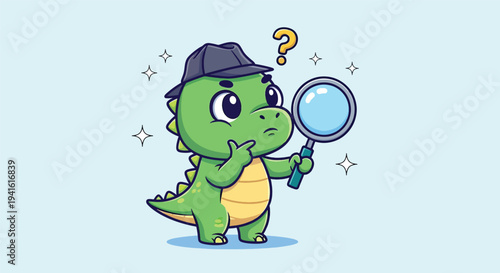 Cute Dinosaur Detective with Magnifying Glass and Question Mark.