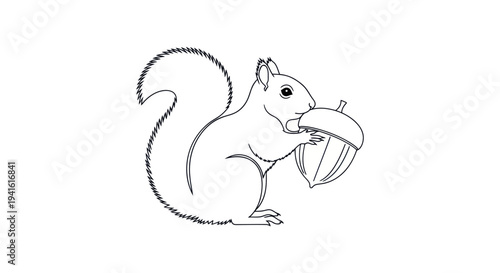 Squirrel Eating Acorn Simple Line Drawing.
