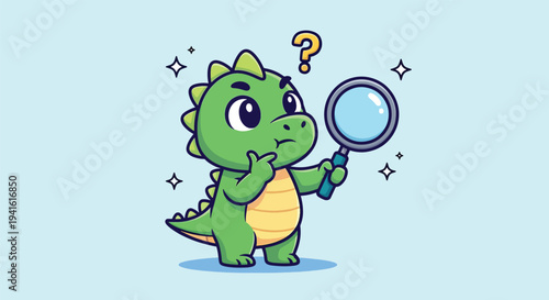 Cute Dinosaur Holding Magnifying Glass and Thinking.