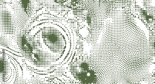 Green halftone circles and abstract shapes with scattered dots background