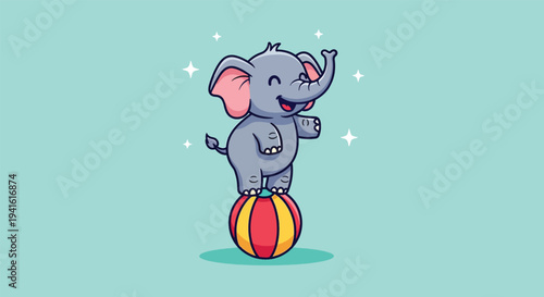 Cute Elephant Balancing on a Ball Vector Illustration.