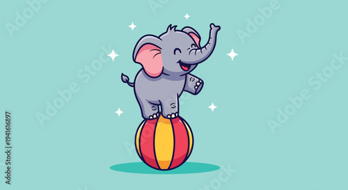 Cute Elephant Balancing on Ball Cartoon Illustration.