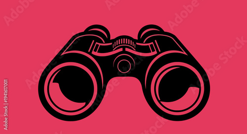 Black Binoculars Illustration on Red Background.