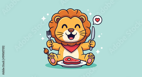 Cute Happy Lion Cartoon Character Ready to Eat Steak.