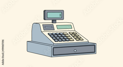 Cash Register Illustration with Keypad and Display.