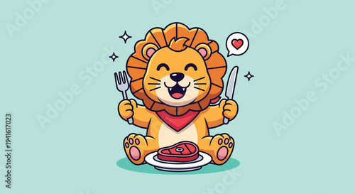 Cute Happy Lion Eating Steak with Fork and Knife Cartoon Vector.