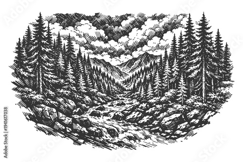 Wild Pine Forest Valley with River Stream and High Mountain Range Under Cloudy Sky in Hand Drawn Woodcut Engraving Style Vector Illustration Graphic Asset