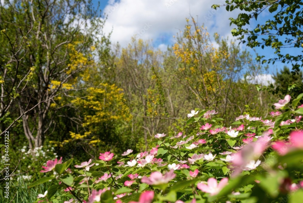 Fototapeta premium Pink and white dogwood flowers in bloom with yellow-green trees in spring forest background.